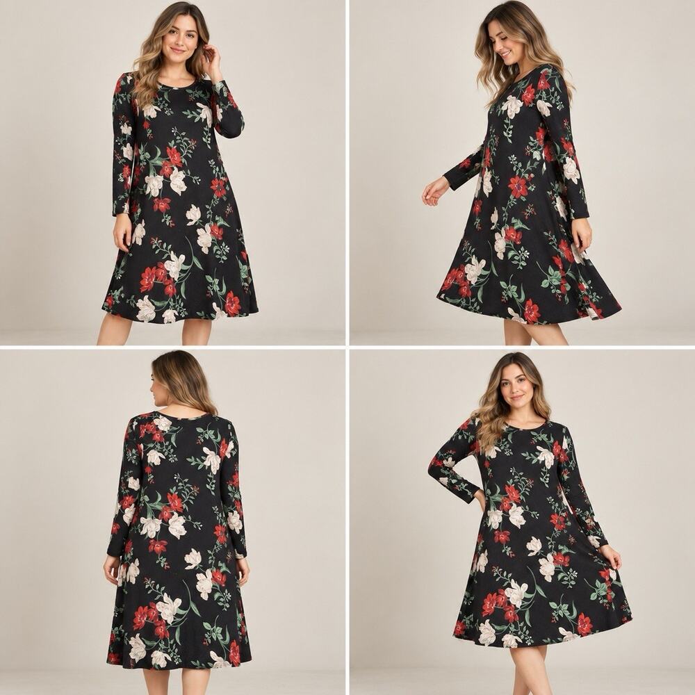 Old Navy Floral Dress Women’s L Black Red White Long Sleeve A Line
